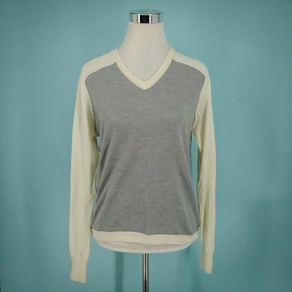 ATM Anthony Thomas Melillo Size Medium M Gray Ivory Merino Wool V Neck Sweater - Picture 1 of 7